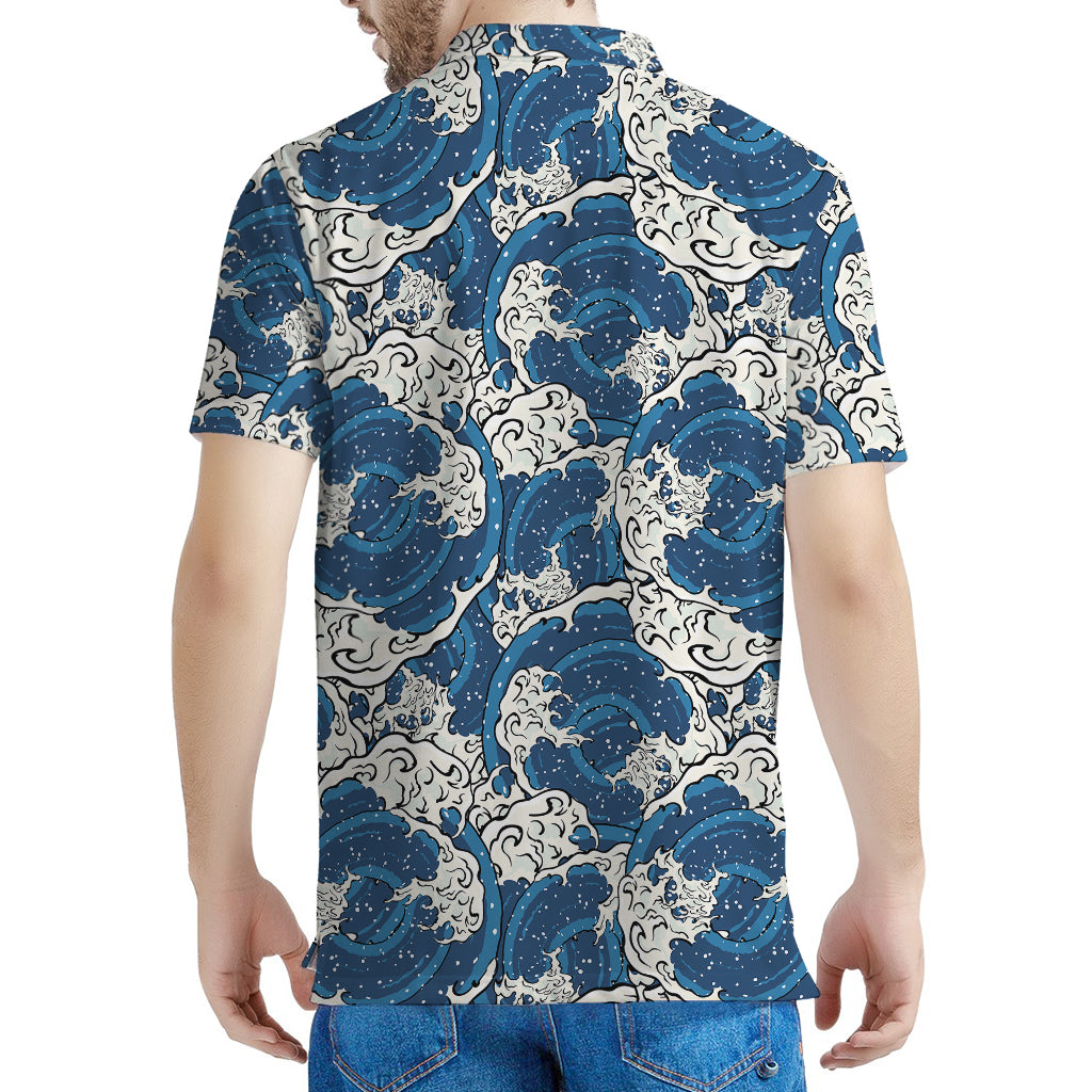 Japanese Ocean Wave Pattern Print Men's Polo Shirt