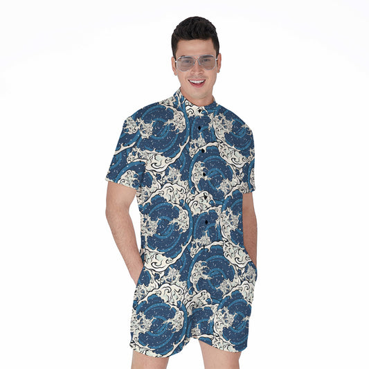 Japanese Ocean Wave Pattern Print Men's Rompers