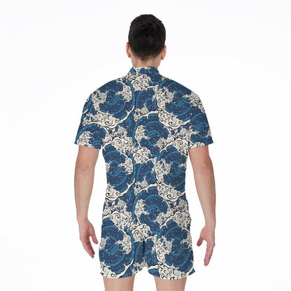 Japanese Ocean Wave Pattern Print Men's Rompers