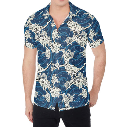 Japanese Ocean Wave Pattern Print Men's Shirt