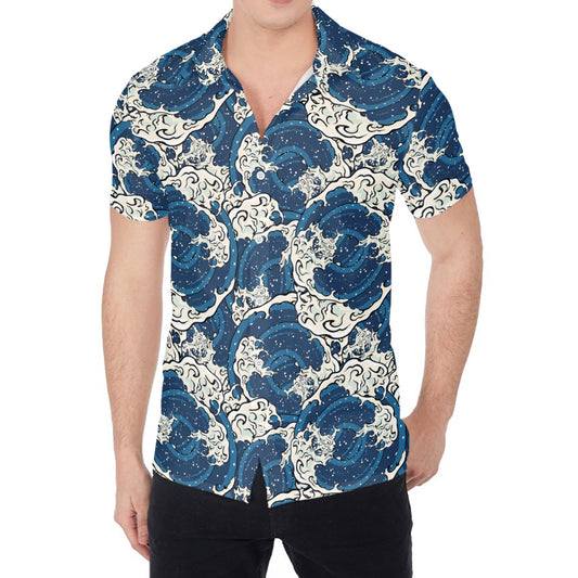 Japanese Ocean Wave Pattern Print Men's Shirt