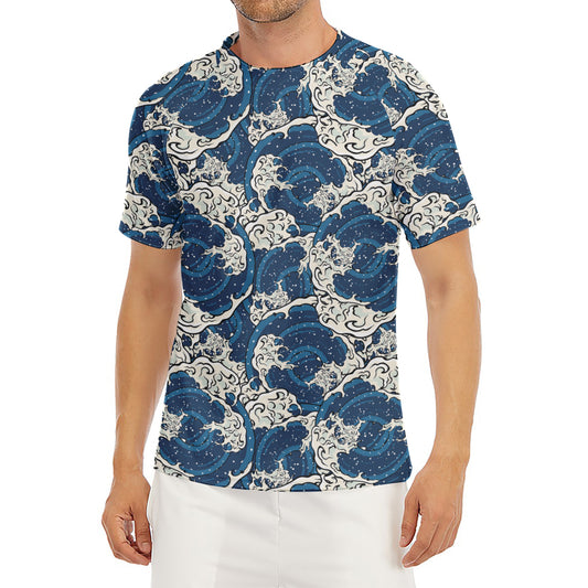 Japanese Ocean Wave Pattern Print Men's Short Sleeve Rash Guard