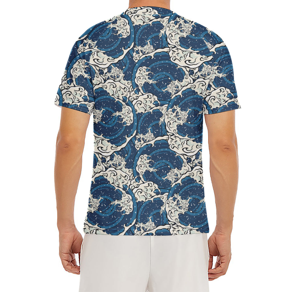 Japanese Ocean Wave Pattern Print Men's Short Sleeve Rash Guard