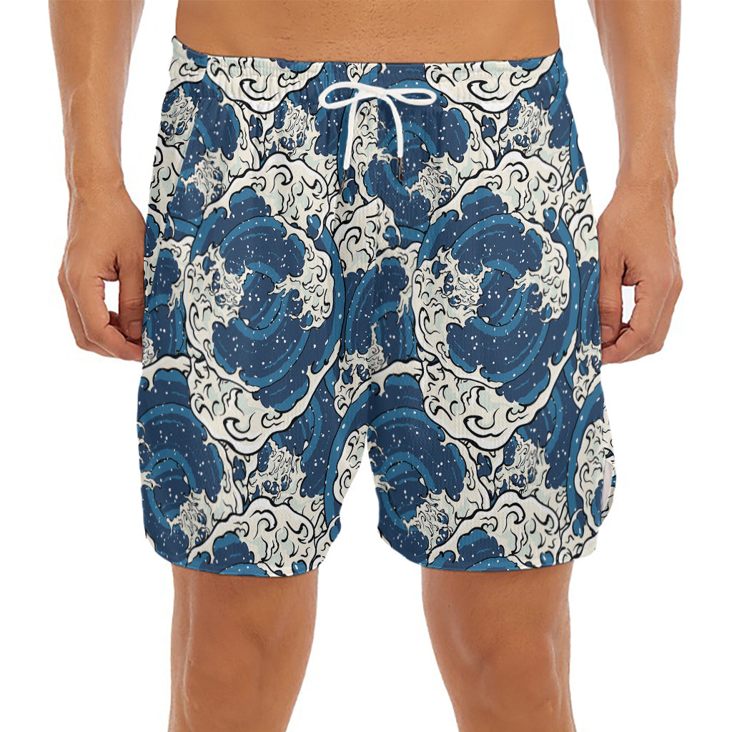 Japanese Ocean Wave Pattern Print Men's Split Running Shorts