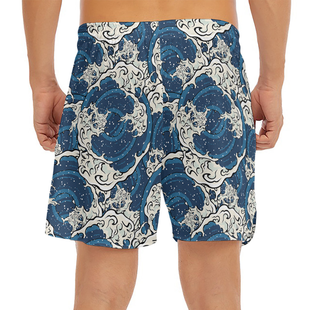 Japanese Ocean Wave Pattern Print Men's Split Running Shorts