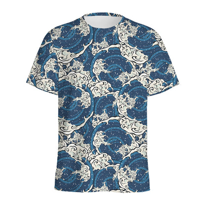 Japanese Ocean Wave Pattern Print Men's Sports T-Shirt