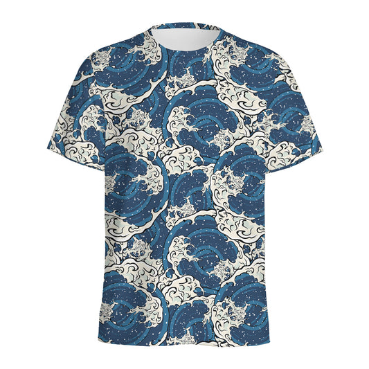 Japanese Ocean Wave Pattern Print Men's Sports T-Shirt