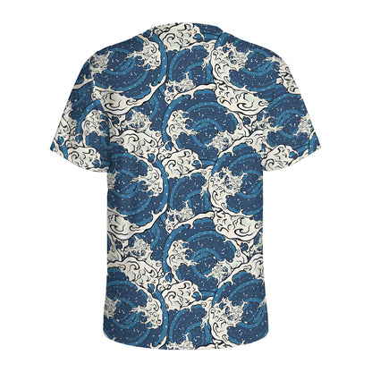 Japanese Ocean Wave Pattern Print Men's Sports T-Shirt