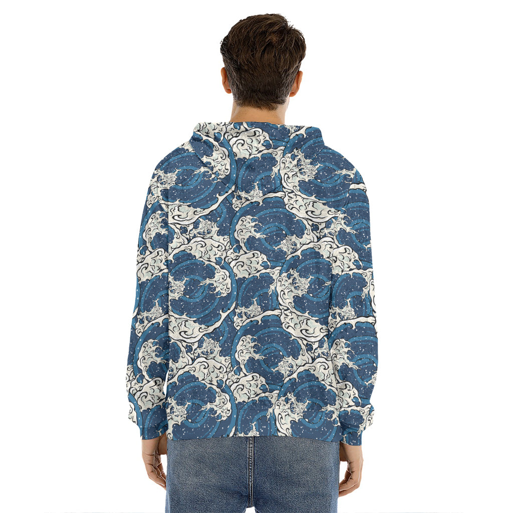 Japanese Ocean Wave Pattern Print Men's Velvet Pullover Hoodie