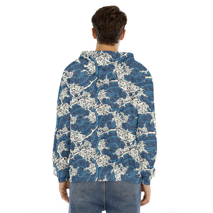 Japanese Ocean Wave Pattern Print Men's Velvet Pullover Hoodie