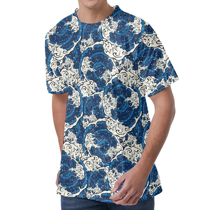 Japanese Ocean Wave Pattern Print Men's Velvet T-Shirt