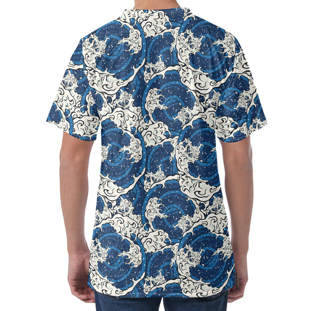 Japanese Ocean Wave Pattern Print Men's Velvet T-Shirt