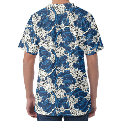 Japanese Ocean Wave Pattern Print Men's Velvet T-Shirt
