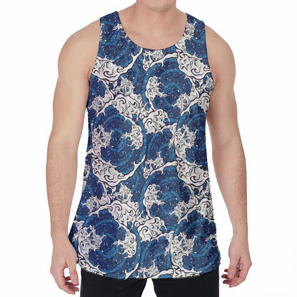 Japanese Ocean Wave Pattern Print Men's Velvet Tank Top