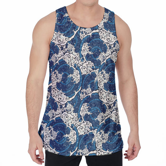 Japanese Ocean Wave Pattern Print Men's Velvet Tank Top