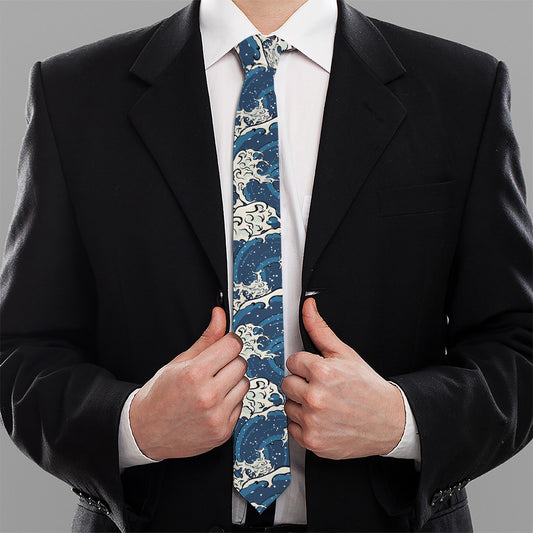 Japanese Ocean Wave Pattern Print Necktie