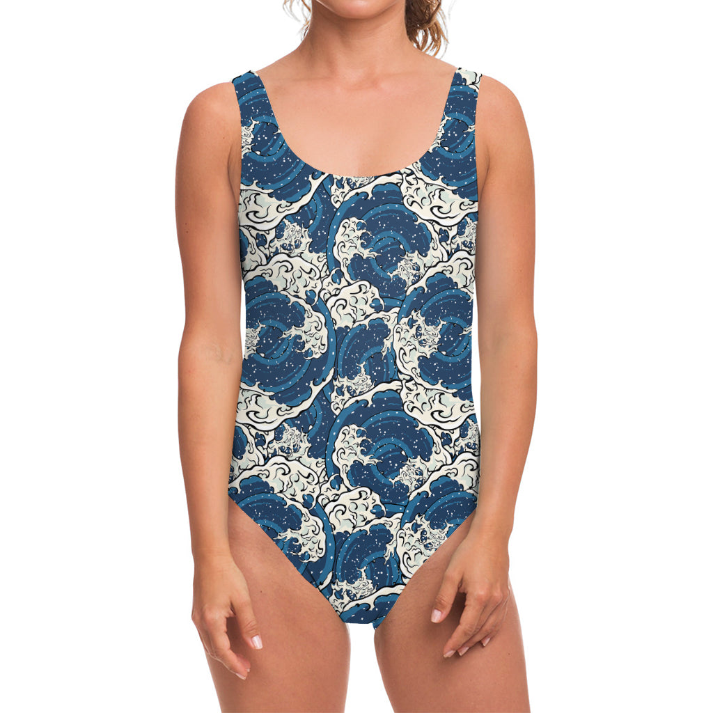 Japanese Ocean Wave Pattern Print One Piece Swimsuit