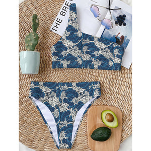 Japanese Ocean Wave Pattern Print One Shoulder Bikini Top