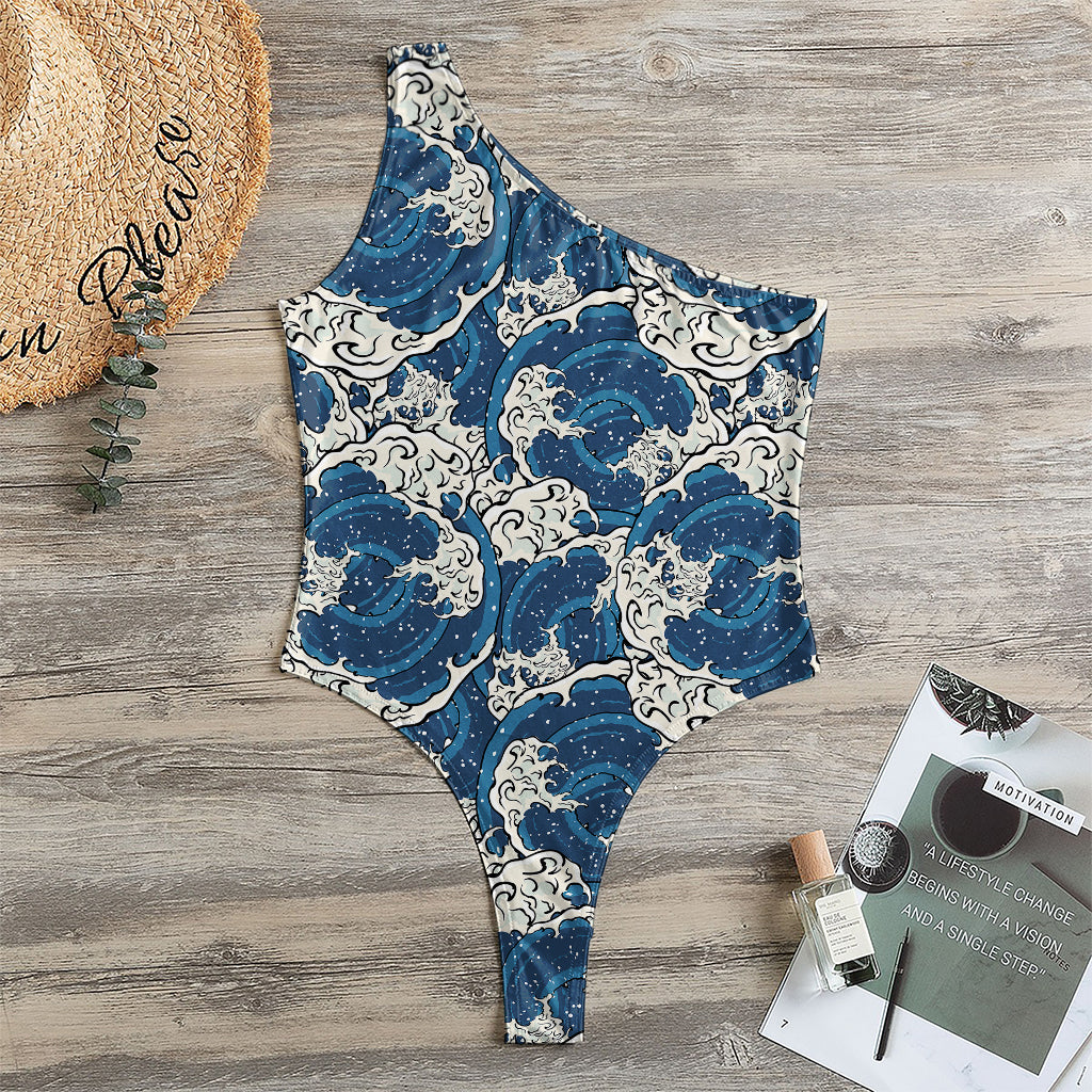 Japanese Ocean Wave Pattern Print One Shoulder Bodysuit