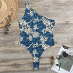 Japanese Ocean Wave Pattern Print One Shoulder Bodysuit