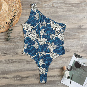 Japanese Ocean Wave Pattern Print One Shoulder Bodysuit