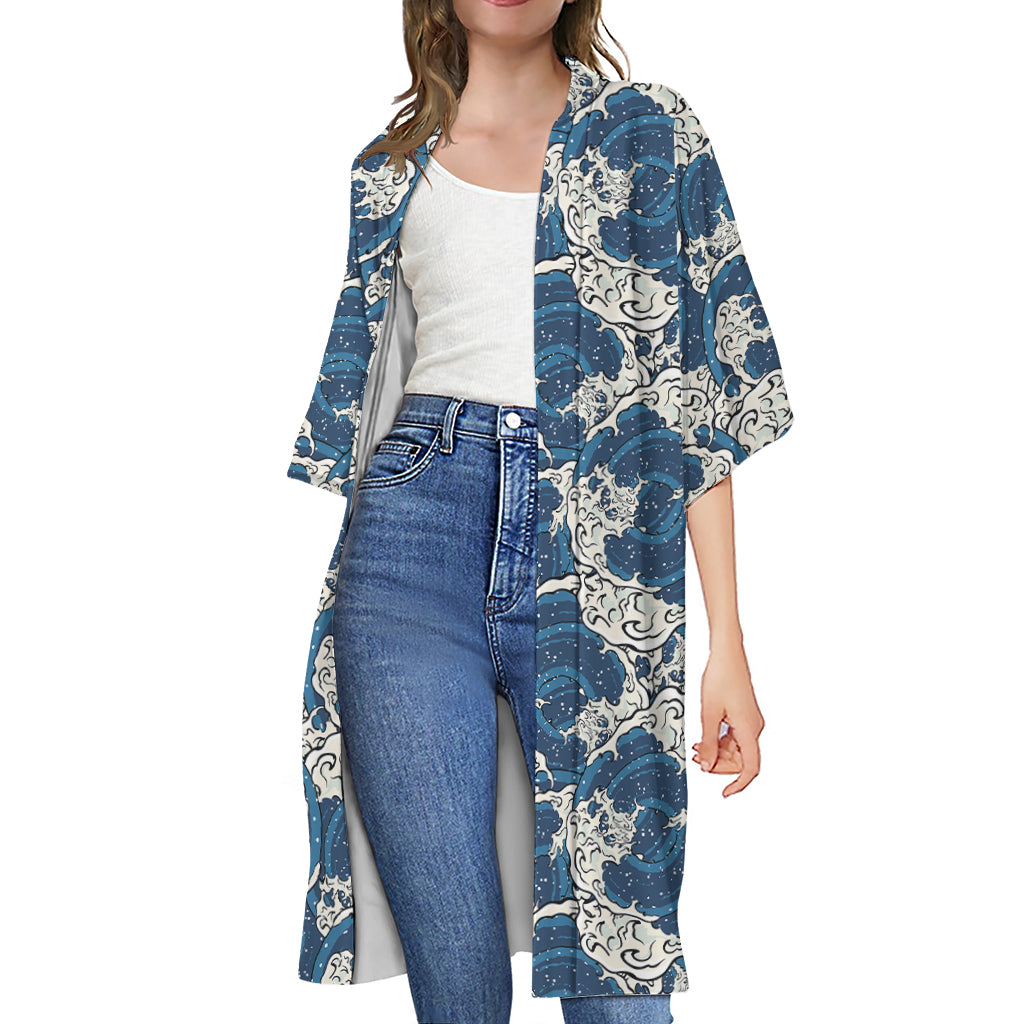 Japanese Ocean Wave Pattern Print Open Front Beach Cover Up