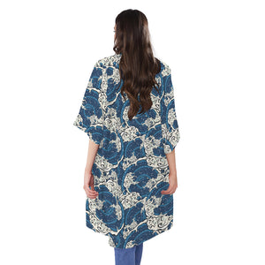 Japanese Ocean Wave Pattern Print Open Front Beach Cover Up