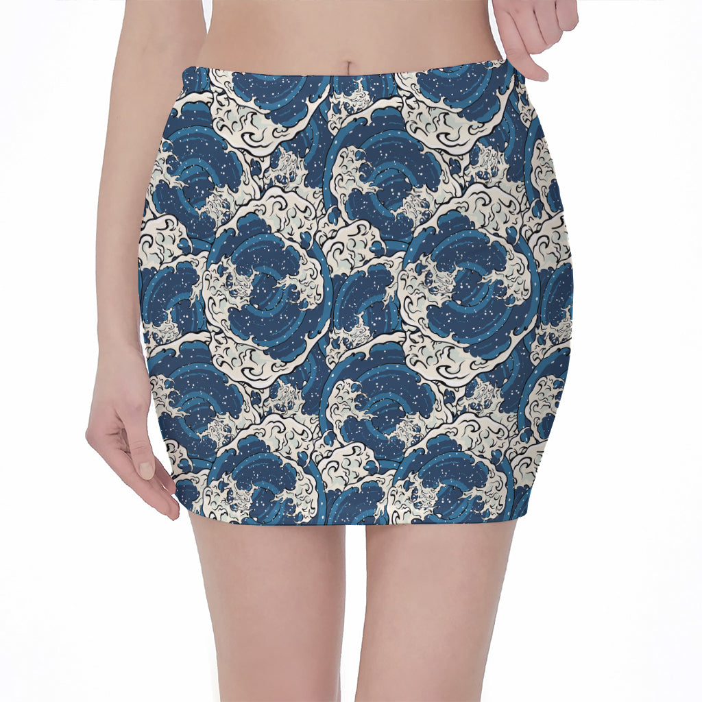 Japanese Ocean Wave Pattern Print Pencil Mini Skirt