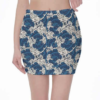 Japanese Ocean Wave Pattern Print Pencil Mini Skirt