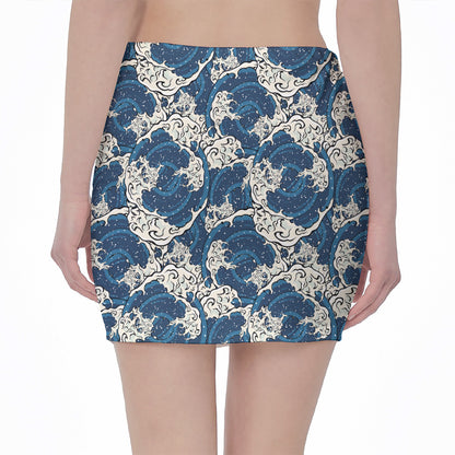 Japanese Ocean Wave Pattern Print Pencil Mini Skirt