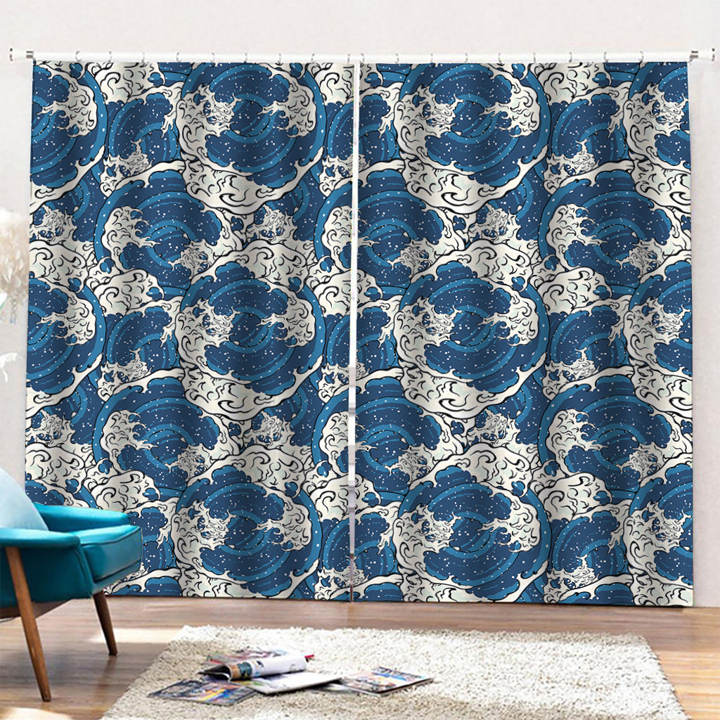 Japanese Ocean Wave Pattern Print Pencil Pleat Curtains