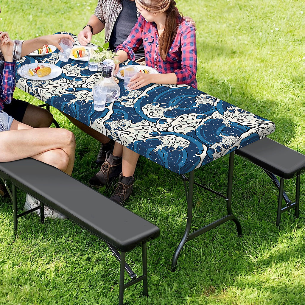 Japanese Ocean Wave Pattern Print Picnic Table Cover