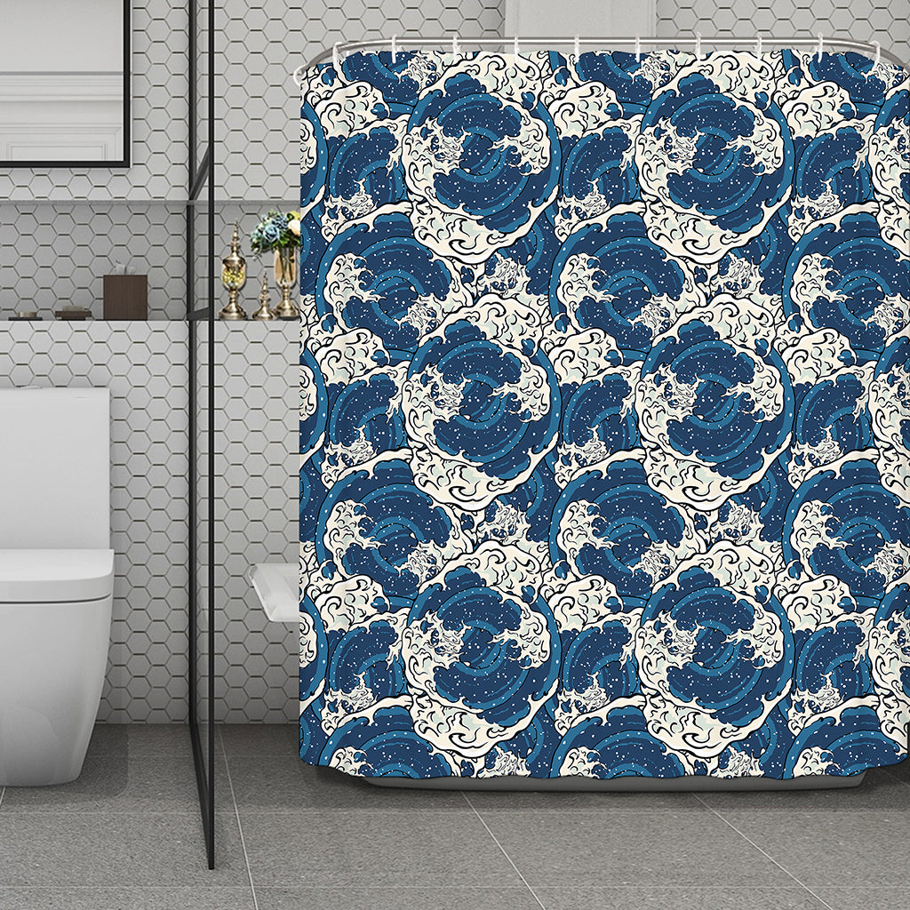 Japanese Ocean Wave Pattern Print Polyester Shower Curtain