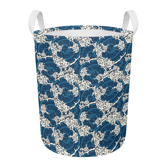 Japanese Ocean Wave Pattern Print Round Laundry Basket