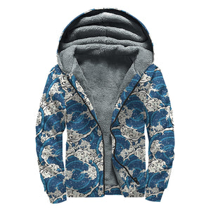 Japanese Ocean Wave Pattern Print Sherpa Lined Zip Up Hoodie