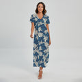 Japanese Ocean Wave Pattern Print Short Sleeve Maxi Dress
