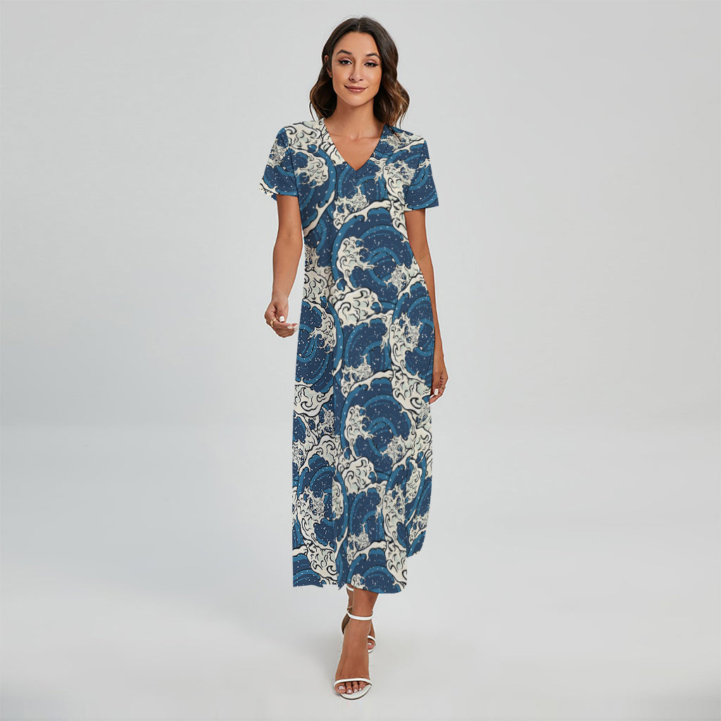 Japanese Ocean Wave Pattern Print Short Sleeve Maxi Dress