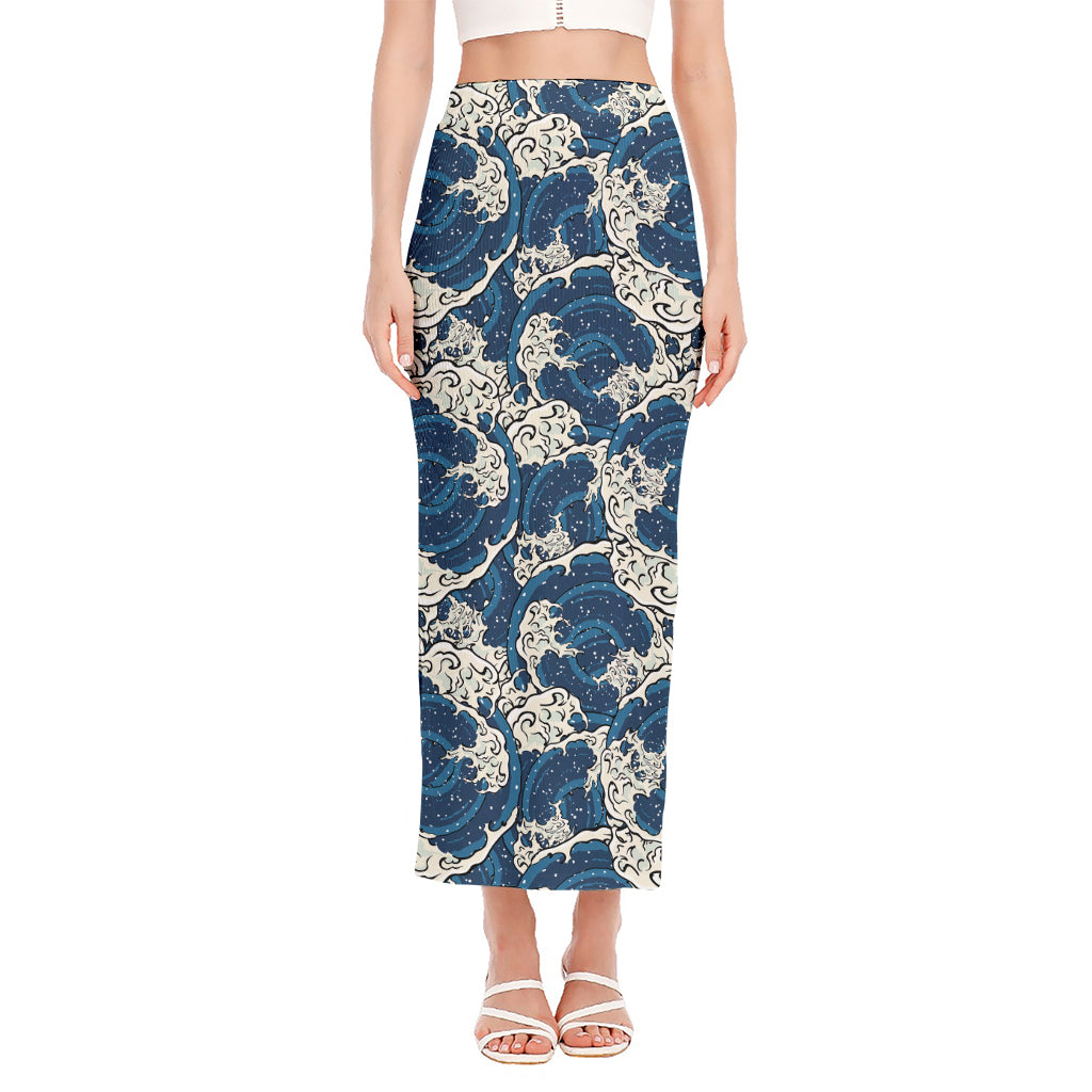 Japanese Ocean Wave Pattern Print Side Slit Maxi Skirt