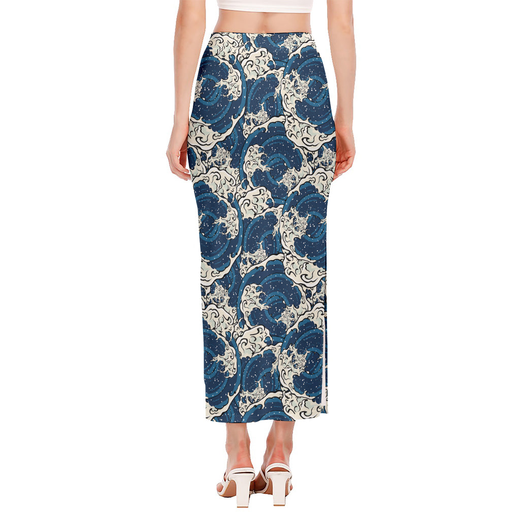 Japanese Ocean Wave Pattern Print Side Slit Maxi Skirt