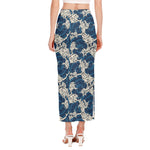 Japanese Ocean Wave Pattern Print Side Slit Maxi Skirt