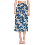 Japanese Ocean Wave Pattern Print Side Slit Midi Skirt