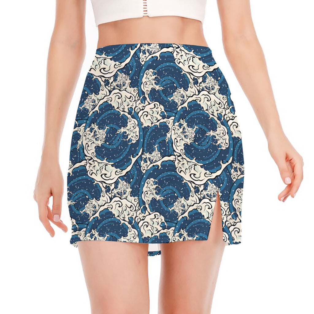 Japanese Ocean Wave Pattern Print Side Slit Mini Skirt