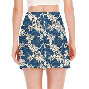 Japanese Ocean Wave Pattern Print Side Slit Mini Skirt