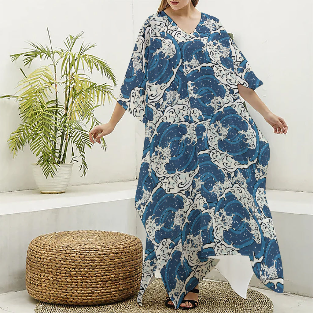 Japanese Ocean Wave Pattern Print Silk V-Neck Kaftan Dress