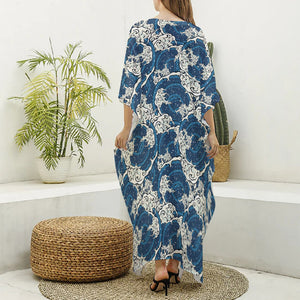 Japanese Ocean Wave Pattern Print Silk V-Neck Kaftan Dress