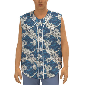 Japanese Ocean Wave Pattern Print Sleeveless Baseball Jersey