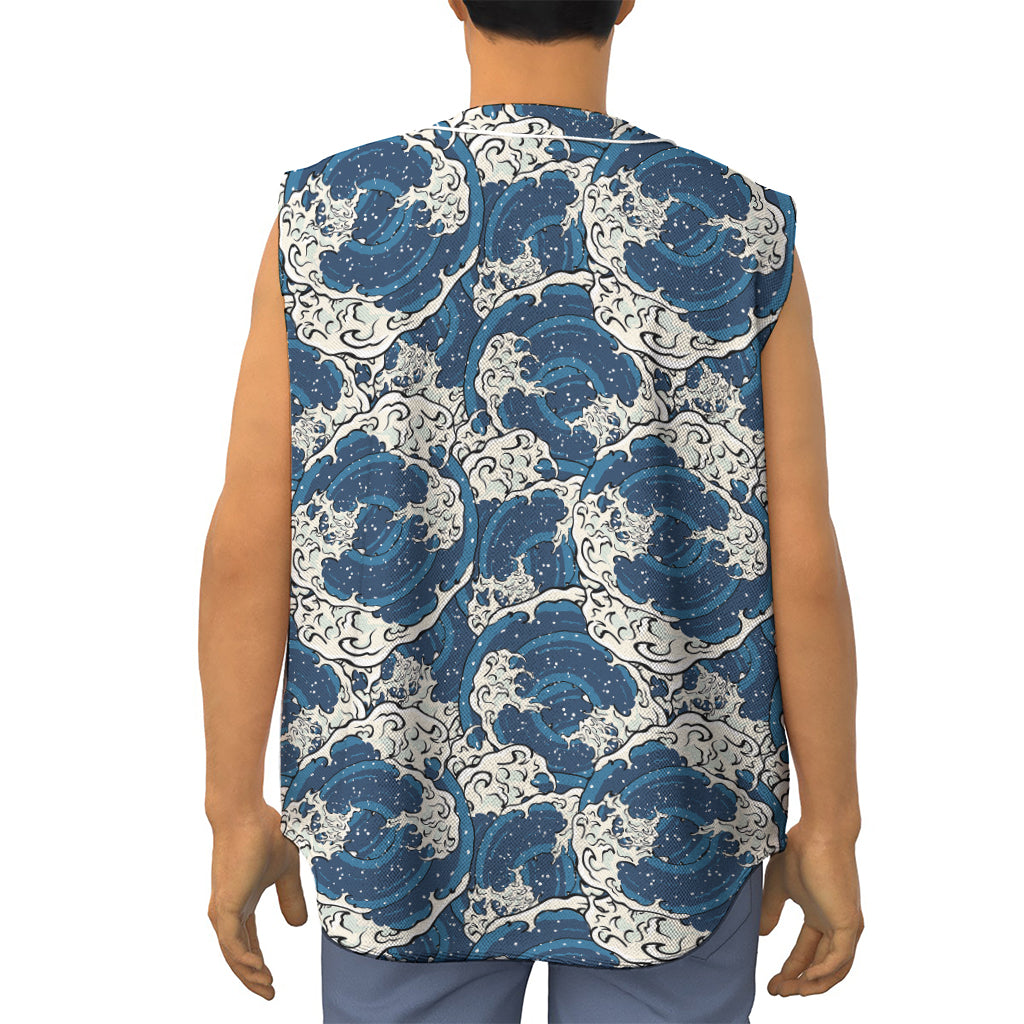 Japanese Ocean Wave Pattern Print Sleeveless Baseball Jersey