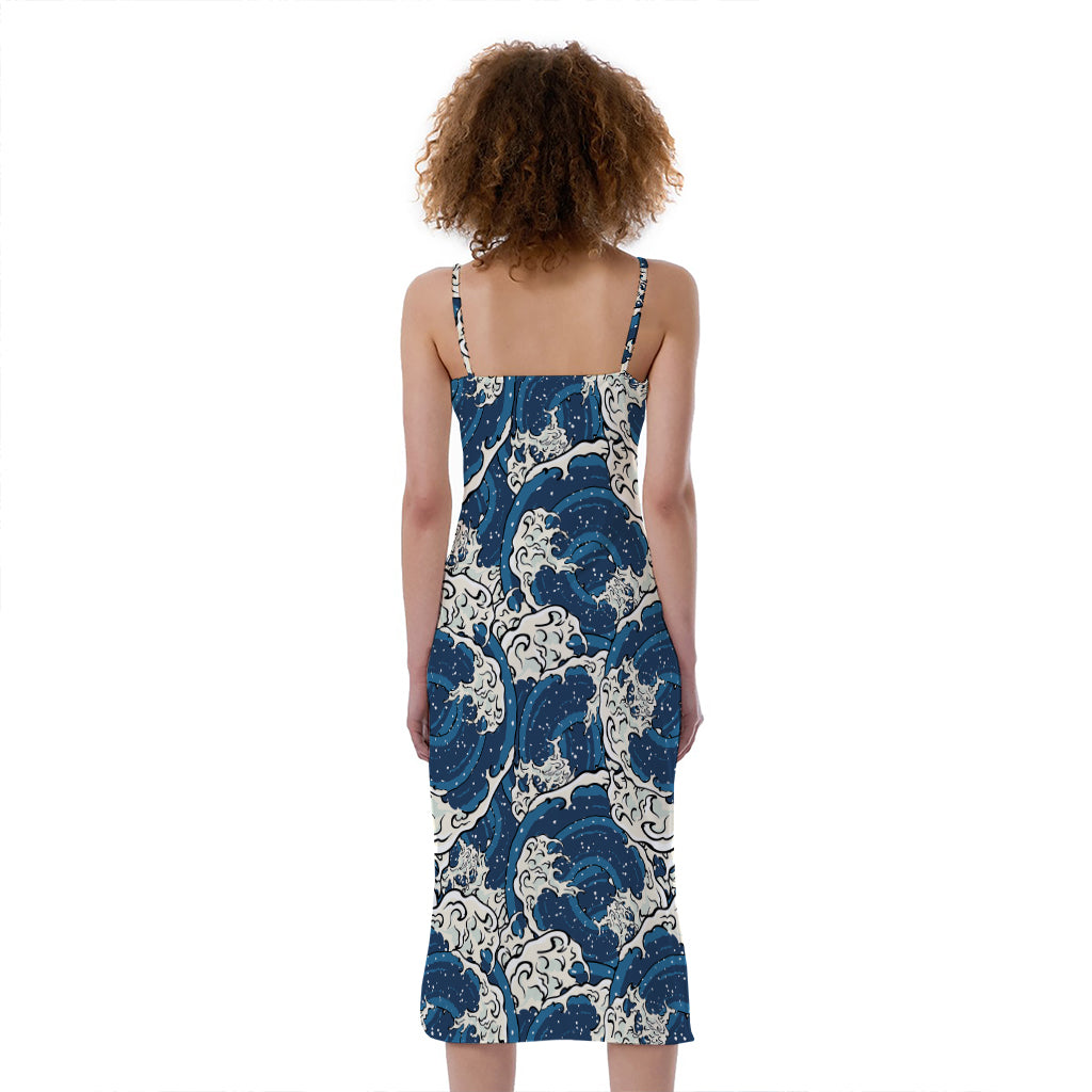 Japanese Ocean Wave Pattern Print Slim Fit Midi Cami Dress