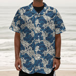 Japanese Ocean Wave Pattern Print Textured Short Sleeve Shirt