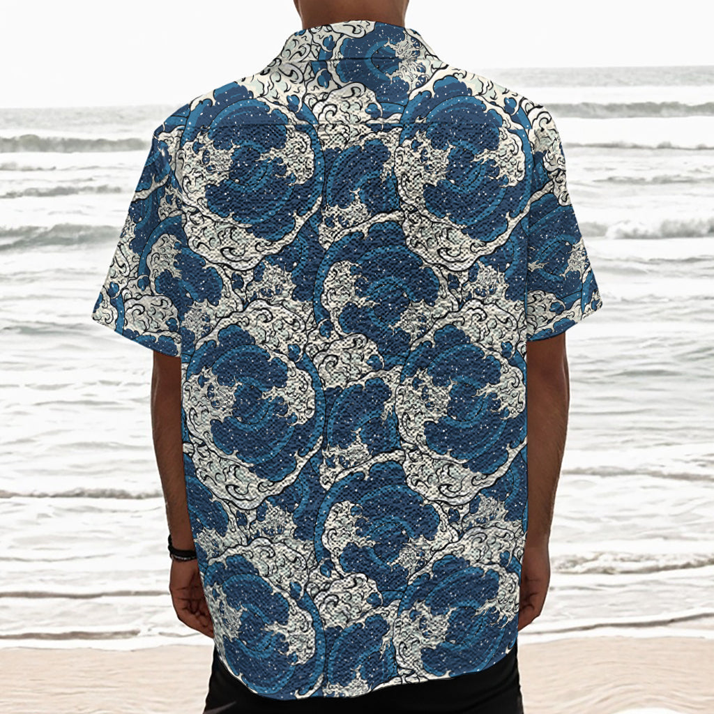 Japanese Ocean Wave Pattern Print Textured Short Sleeve Shirt